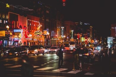 view of the neon honky tonk sign lights along Broadway in DOwntown Nashville